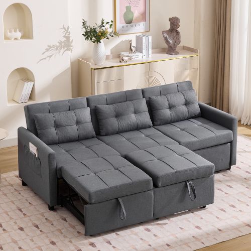 Canapé Convertible 3 Places Modulable Et Pliable Avec Rangement, Gris