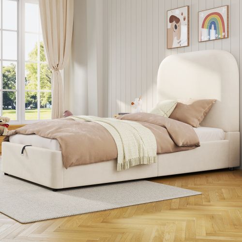 Lit Coffre Enfant 90x200 Cm, Rangement Hydraulique Et Sommier à Lattes, En Velours, Beige