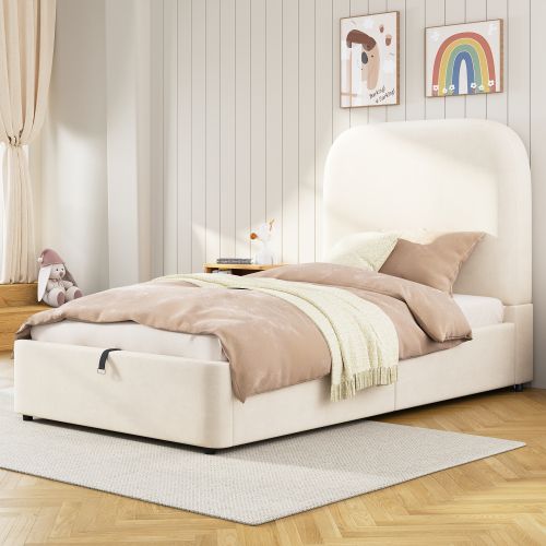 Lit Coffre Enfant 90x200 Cm, Rangement Hydraulique Et Sommier à Lattes, En Velours, Beige