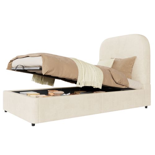 Lit Coffre Enfant 90x200 Cm, Rangement Hydraulique Et Sommier à Lattes, En Velours, Beige