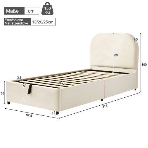 Lit Coffre Enfant 90x200 Cm, Rangement Hydraulique Et Sommier à Lattes, En Velours, Beige