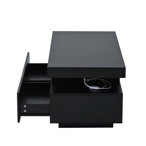 Table Basse Rectangulaire Noire 100 X 50 X 45 Cm, 2 Tiroirs Et LED