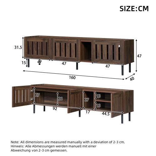 Meuble TV 160 Cm, Avec 3 Portes, 4 Étagères, Niche Ouverte, Marron
