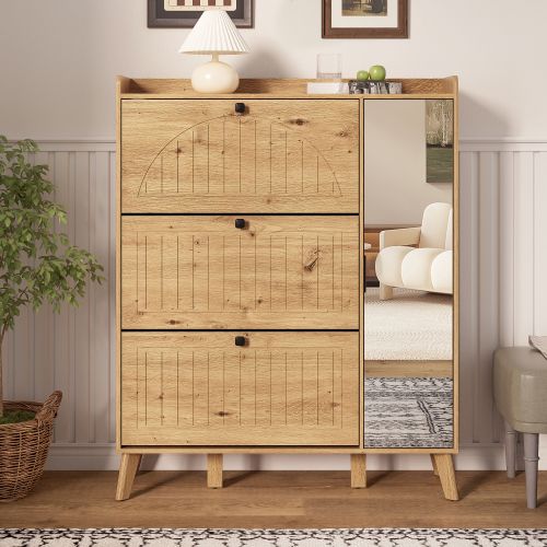 Meuble à Chaussures Bois Moderne Avec Miroir Et Portes à Charnières, Avec Étagère