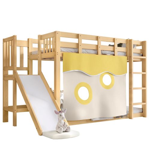 Lit Superposé 90x200 Cm Avec Toboggan Et Escalier, Rideau De Lit, En Bois, Naturel