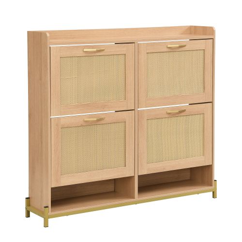 Meuble à Chaussures Bois Avec 4 Portes En Rotin, Structure En Métal Et Étagère Supérieure