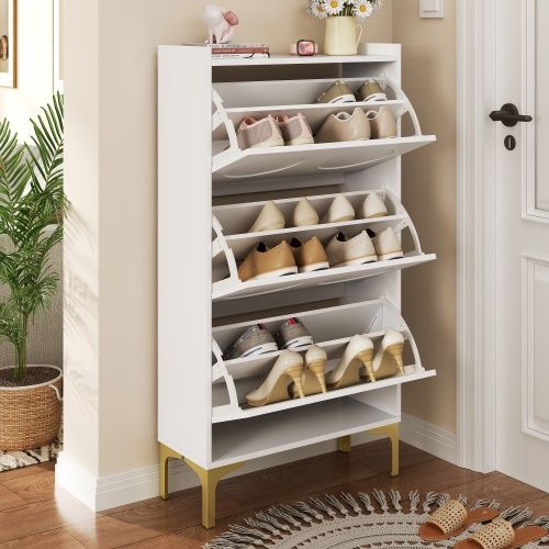 Meuble à Chaussures Blanc, 3 Niveaux, Panneaux Relief Ronds, Pieds Métal Doré