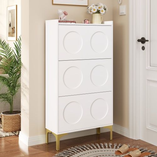 Meuble à Chaussures Blanc, 3 Niveaux, Panneaux Relief Ronds, Pieds Métal Doré