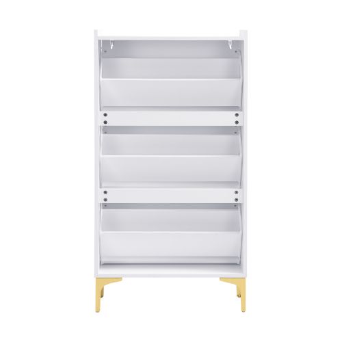 Meuble à Chaussures Blanc, 3 Niveaux, Panneaux Relief Ronds, Pieds Métal Doré