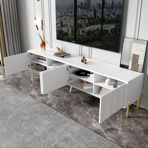 Meuble TV 190 Cm Avec 4 Portes, Pieds Dorés, Pas De Poignée, Blanc