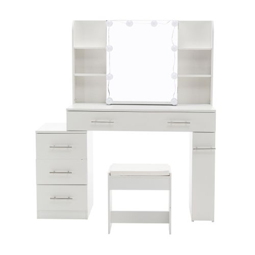 Coiffeuse Blanche Avec Miroir Coulissant Et Tabouret, 100x40.5x136 Cm
