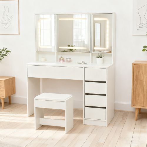 Coiffeuse Avec Miroir LED Et Tabouret, 5 Tiroirs, Blanc