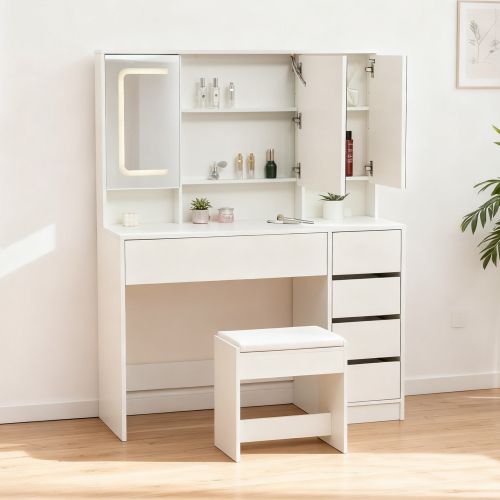 Coiffeuse Avec Miroir LED Et Tabouret, 5 Tiroirs, Blanc