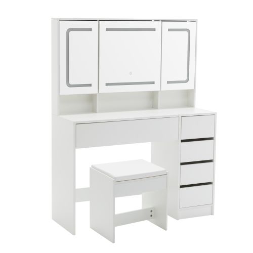 Coiffeuse Avec Miroir LED Et Tabouret, 5 Tiroirs, Blanc