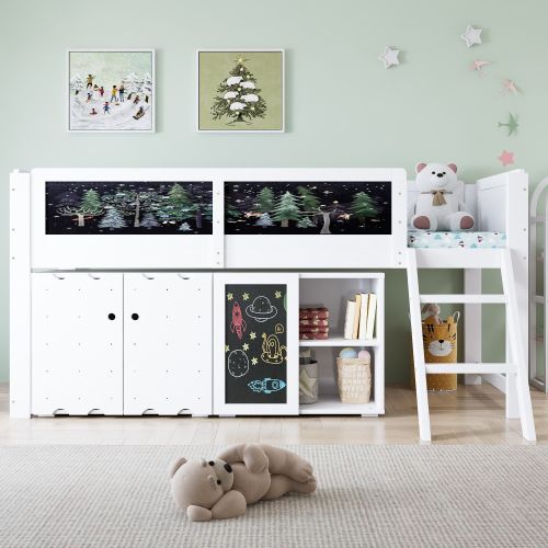 Lit Mi-haut 90x200 Cm Avec Armoire Double Et Lattes, En Bois, Blanc Et Noir