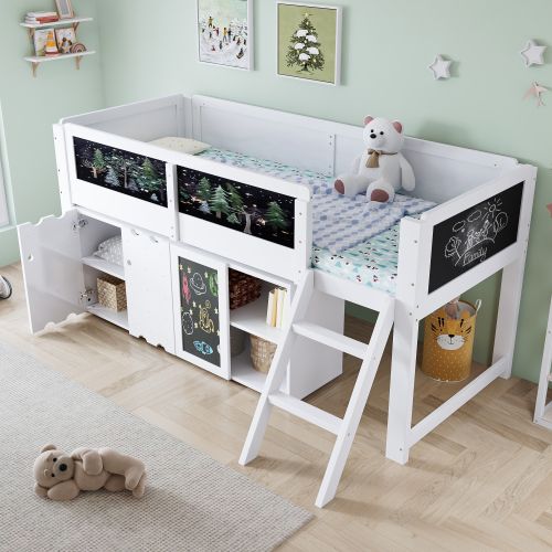 Lit Mi-haut 90x200 Cm Avec Armoire Double Et Lattes, En Bois, Blanc Et Noir