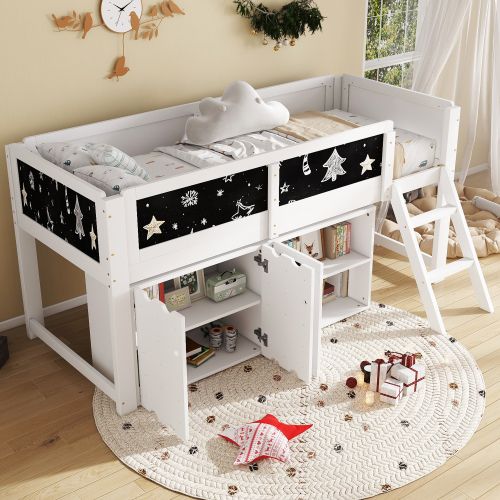 Lit Mi-haut 90x200 Cm Avec Armoire Double Et Lattes, En Bois, Blanc Et Noir