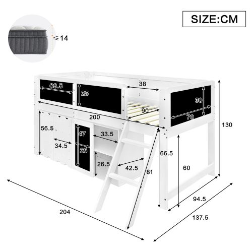 Lit Mi-haut 90x200 Cm Avec Armoire Double Et Lattes, En Bois, Blanc Et Noir