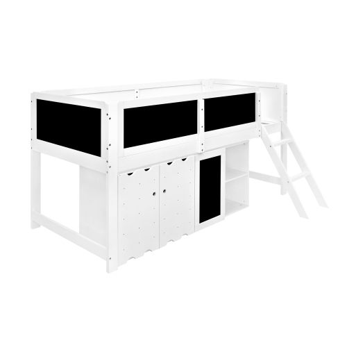 Lit Mi-haut 90x200 Cm Avec Armoire Double Et Lattes, En Bois, Blanc Et Noir