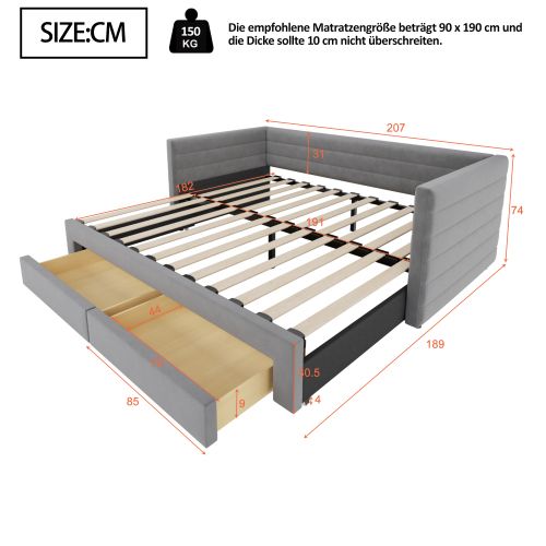 Lit Gigogne 90x190 Cm Avec 2 Tiroirs, En Coton-lin, Gris