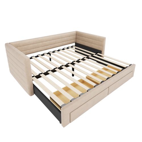 Lit Gigogne 90x190 Cm, Avec 2 Tiroirs Et Lattes, En Coton-lin, Beige