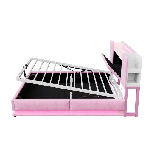 Lit Coffre Enfant 90x200 Cm, Lit Avec Rangement, LED Et Ports USB, En Velours, Rose