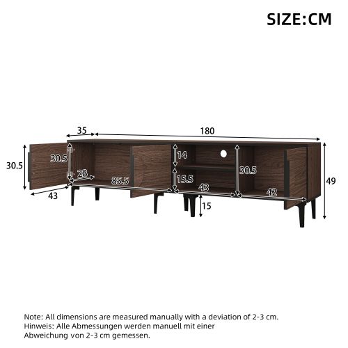 Meuble TV 180 Cm Avec 3 Portes, 2 Niches Ouvertes, Couleur Bois Foncé