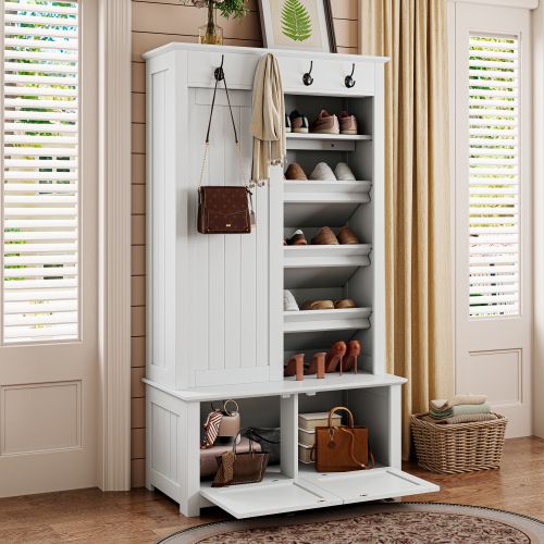 Vestiaire D’entrée Avec 2 Portes Coulissantes, Étagères à Chaussures Inclinées Et Crochets, Blanc