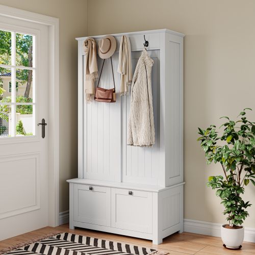 Vestiaire D’entrée Avec 2 Portes Coulissantes, Étagères à Chaussures Inclinées Et Crochets, Blanc