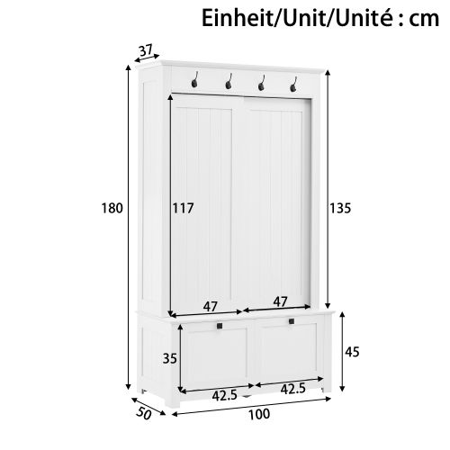 Vestiaire D’entrée Avec 2 Portes Coulissantes, Étagères à Chaussures Inclinées Et Crochets, Blanc
