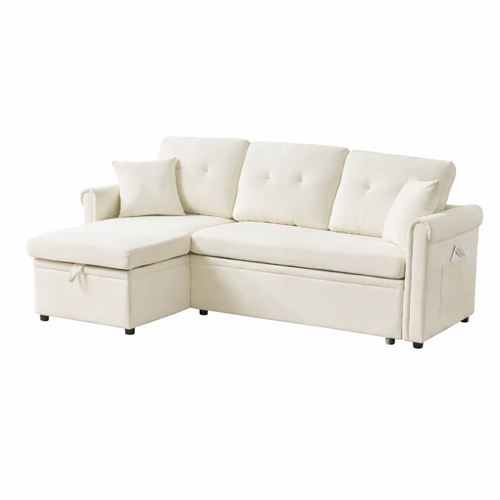 Canapé D'angle Convertible Réversible 3 Places Avec Coffre En Chenille Beige