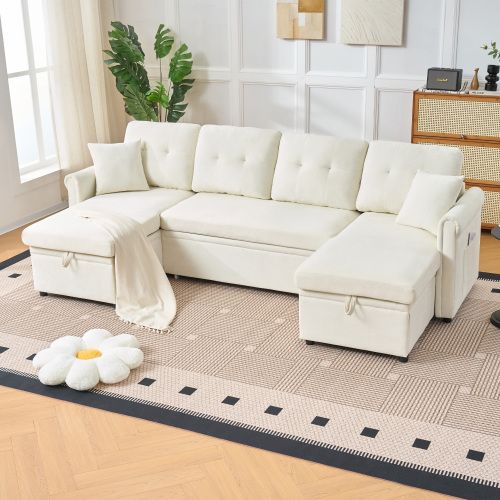 Canapé D'angle Convertible En U 4-5 Places Avec Coffre, En Chenille, Beige