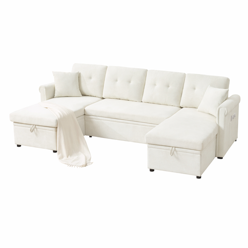 Canapé D'angle Convertible En U 4-5 Places Avec Coffre, En Chenille, Beige