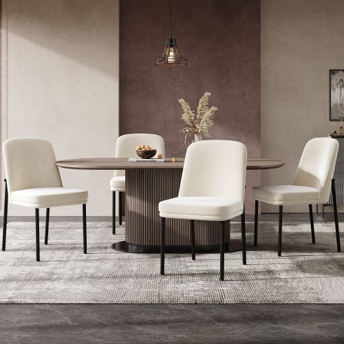 Lot De 4 Chaises De Salle à Manger, Assise Épaisse, Piètement Métal Noir, Velours, Beige
