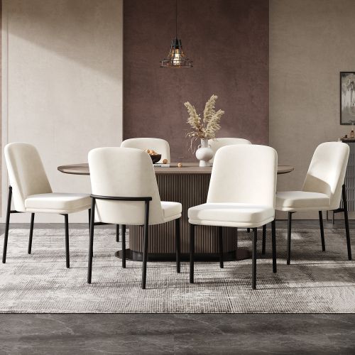 Lot De 6 Chaises De Salle à Manger, Assise Rembourrée En Velours, Piètement Métal Noir, Beige