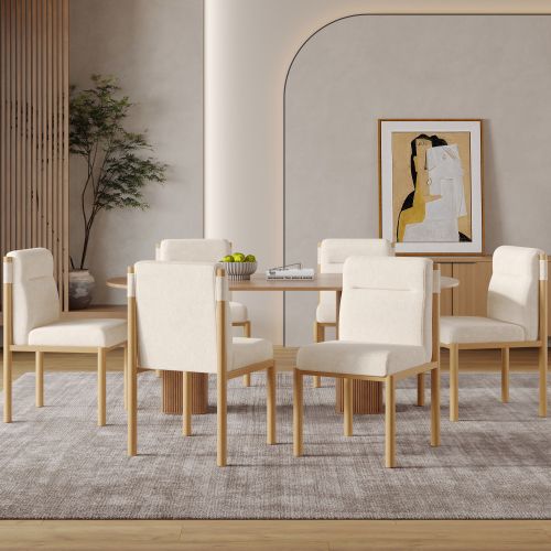 Lot De 6 Chaises De Salle à Manger, Assise Épaisse En Sherpa, Piètement Métal Effet Chêne, Beige