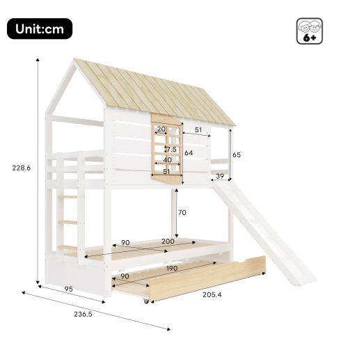 Lit Superposé 90x200 Cm Avec Toboggan Et Lit Gigogne, En Bois, Blanc Et Naturel