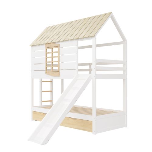 Lit Superposé 90x200 Cm Avec Toboggan Et Lit Gigogne, En Bois, Blanc Et Naturel