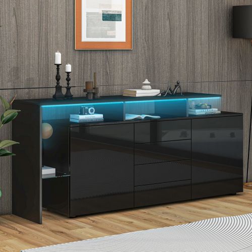 Buffet Noir Brillant Avec 2 Portes 4 Tiroirs, LED, 1 Étagère En Verre, Sans Poignées