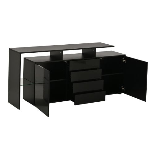 Buffet Noir Brillant Avec 2 Portes 4 Tiroirs, LED, 1 Étagère En Verre, Sans Poignées