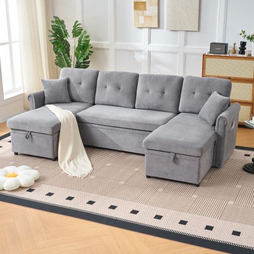 Canapé D'angle Convertible En U 4-5 Places Avec Coffre, En Chenille, Gris