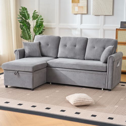 Canapé D’angle Convertible Avec Rangement Et Méridienne Réversible En Chenille Gris