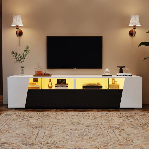 Meuble TV 180 Cm, Brillante, 2 Portes, 2 Tiroirs, 4 Niches Ouvertes, Avec LED, Blanc Et Noir
