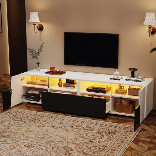 Meuble TV 180 Cm, Brillante, 2 Portes, 2 Tiroirs, 4 Niches Ouvertes, Avec LED, Blanc Et Noir