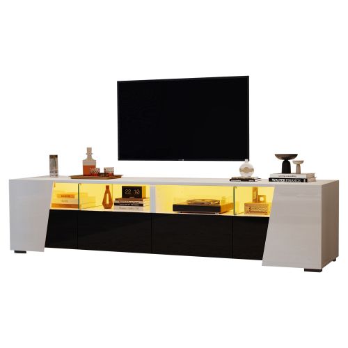Meuble TV 180 Cm, Brillante, 2 Portes, 2 Tiroirs, 4 Niches Ouvertes, Avec LED, Blanc Et Noir