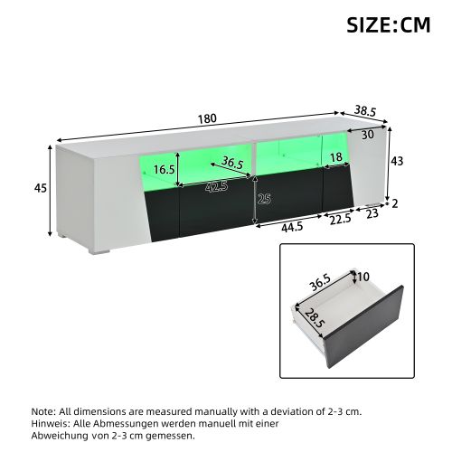 Meuble TV 180 Cm, Brillante, 2 Portes, 2 Tiroirs, 4 Niches Ouvertes, Avec LED, Blanc Et Noir