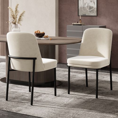 Lot De 2 Chaises De Salle à Manger, Assise Épaisse En Velours, Piètement Métal Noir, Beige