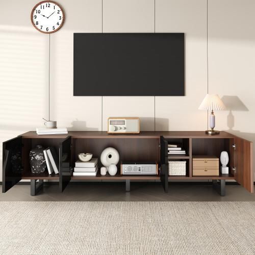 Meuble TV 180 Cm Avec 4 Portes, Brillante, Niche Ouverte, Aspect Bois Vieilli, Noir Et Naturel