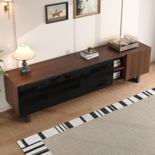 Meuble TV 180 Cm Avec 4 Portes, Brillante, Niche Ouverte, Aspect Bois Vieilli, Noir Et Naturel