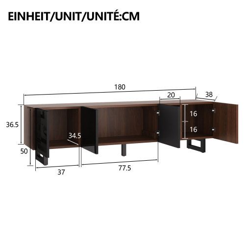 Meuble TV 180 Cm Avec 4 Portes, Brillante, Niche Ouverte, Aspect Bois Vieilli, Noir Et Naturel